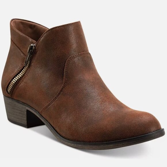 SUN + STONE Abby Double Zip Round Toe Block Heel Booties Chocolate - Picture 1 of 4
